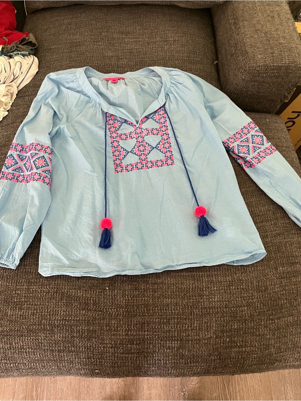 Lilly Pulitzer Light Blue Embroidered Peasant Blouse with Pink Accents